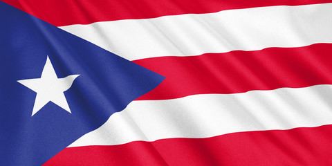 Puerto Rico flag waving with the wind, wide format, 3D illustration. 3D rendering.