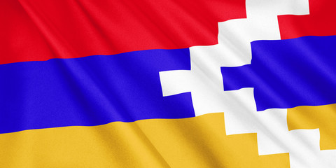 Republic of Artsakh flag waving with the wind, wide format, 3D illustration. 3D rendering.