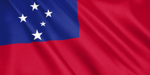 Samoa flag waving with the wind, wide format, 3D illustration. 3D rendering.