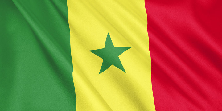 Senegal flag waving with the wind, wide format, 3D illustration. 3D rendering.