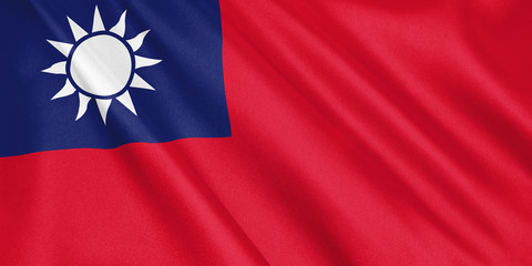 Taiwan flag waving with the wind, wide format, 3D illustration. 3D rendering.