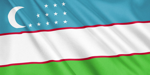 Obraz premium Uzbekistan flag waving with the wind, wide format, 3D illustration. 3D rendering.