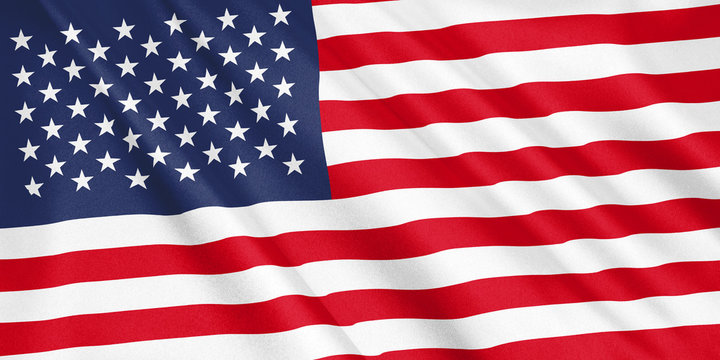 United States flag waving with the wind, wide format, 3D illustration. 3D rendering.