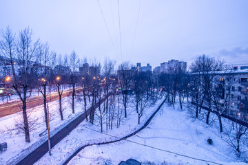 View from above on residential blocks and streets of Moscow
