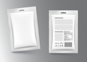 Template of blank sachet packaging for food, cosmetic and hygiene. Vector illustration on gray background. Ready for your design. EPS10.