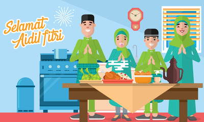  Selamat hari raya aidil fitri greeting card vector illustration with moslem family feasts, plentiful food, desserts and rice dumpling/ketupat.