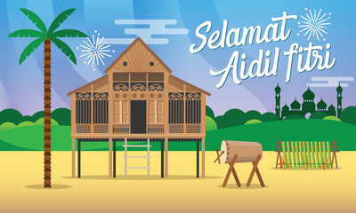 Selamat hari raya aidil fitri greeting card vector illustration with traditional malay village house / Kampung, mosque, drum and lamang.