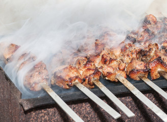 Skewered marinated raw meat, It is fried on charcoal