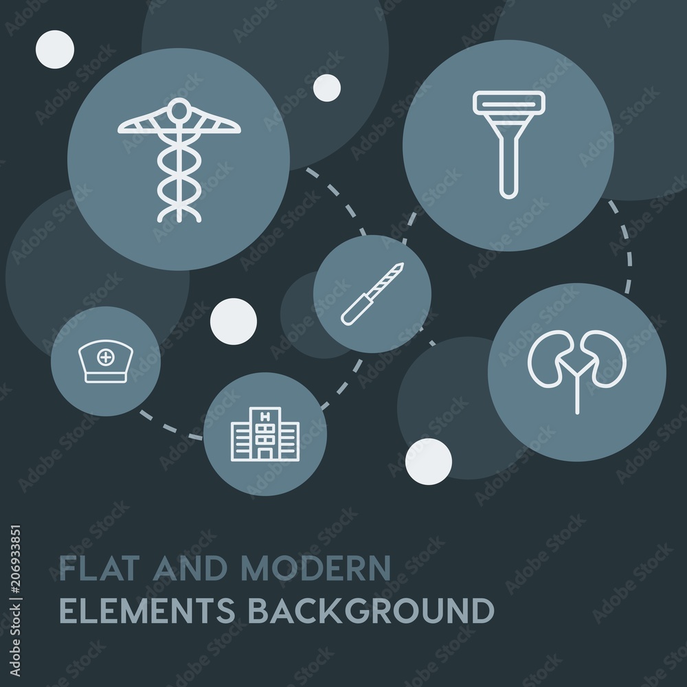 Poster health, beauty and cosmetics outline vector icons and elements background with circle bubbles networ
