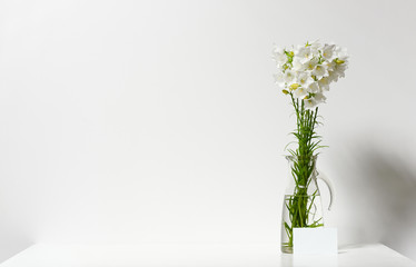 bellflower in a vase on a table by the wall and blank sheet for text, white background