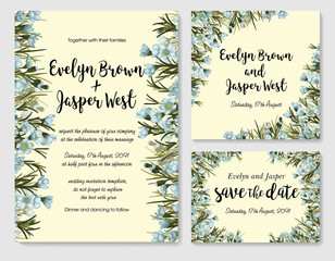 Wedding invitation frame set; blue wax flowers, leaves, watercolor. Sketched wreath, floral and herbs garland with green, greenery color. Vector Watercolour style