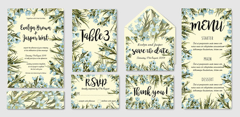 Wedding invitation frame set; blue wax flowers, leaves, watercolor. Hand drawn Vector Watercolor style.  Save date, thank you, rsvp, menu, label, envelope