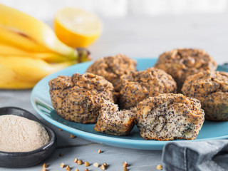 Close-up view of healthy gluten-free homemmade banana muffins with buckwheat flour. Vegan muffins with poppy seeds on blue plate over gray wooden table. Copy space