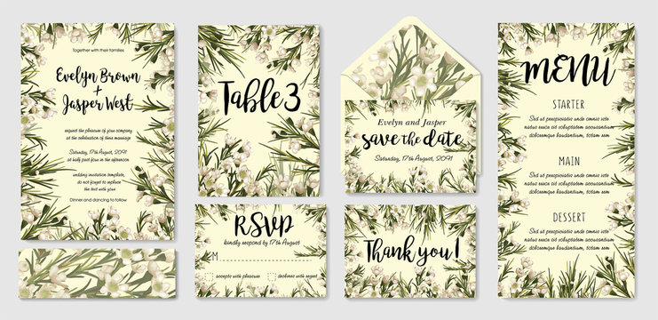 Watercolor vector cute set of wedding invitation templates with leaves and wax flowers and place for inscription. Save date, thank you, rsvp, menu, label