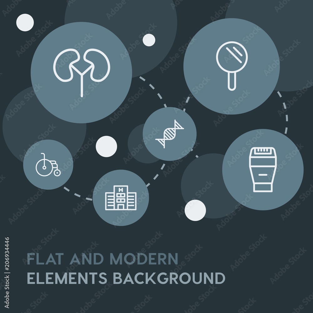 Poster health, beauty and cosmetics outline vector icons and elements background with circle bubbles networ