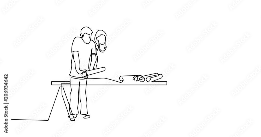 Poster self drawing animation of continuous line drawing of couple discussing construction plan with develo