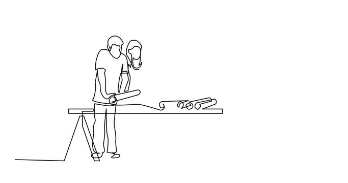 Self drawing animation of continuous line drawing of couple discussing construction plan with developer