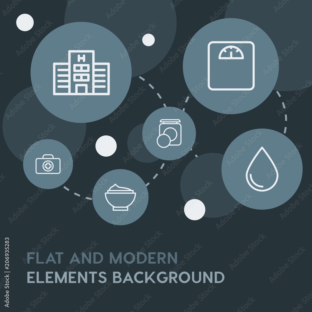 Poster health, beauty and cosmetics outline vector icons and elements background with circle bubbles networ