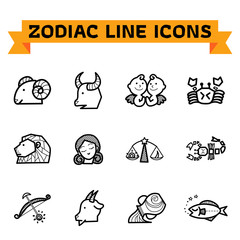 Zodiac Line Icons. Zodiac signs in thin line style on white background. Set of modern vector plain line design icons and zodiac signs.