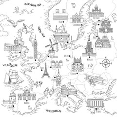 Hand drawn map of Europe with selected capitals and landmarks, vintage style - 206935403