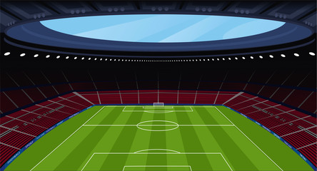A huge empty soccer stadium in clear weather. View of whole football pitch from top seats in spectator area. Realistic style © ariadnas