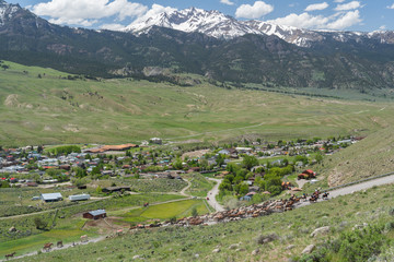 Gardiner, Montana - May 26, 2018- Cowboys drive horses through Gardiner for the Hells-a-roarin Horse Drive.