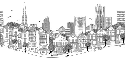 San Francisco, USA - seamless banner of the city's skyline, hand drawn black and white illustration