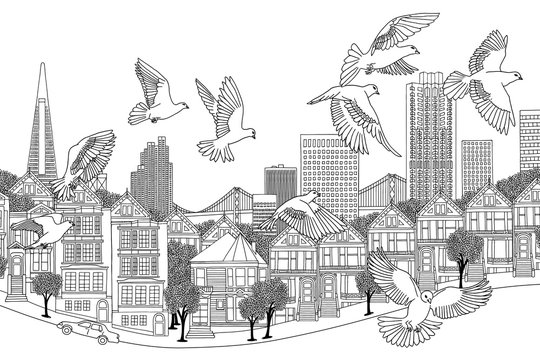 Birds over San Francisco - hand drawn black and white illustration of the city with a flock of pigeons