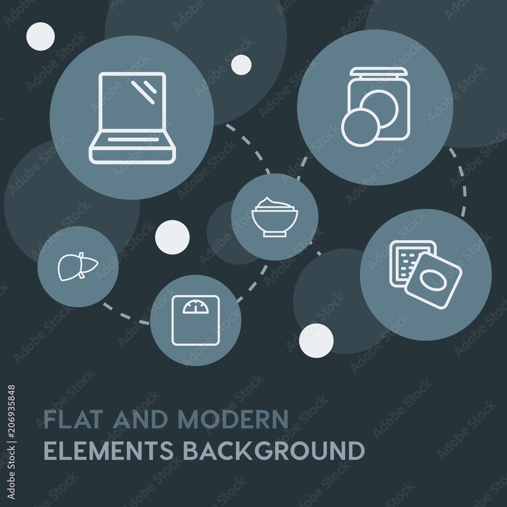 Poster health, beauty and cosmetics outline vector icons and elements background with circle bubbles networ