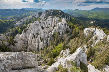 Sheer ruggedness of Bijele stijene natural reserve, Croatia, with eroded white limestone peaks surrounded by forest