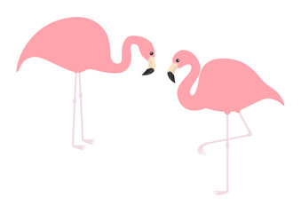 Pink flamingo icon set. Exotic tropical bird. Zoo animal collection. Cute cartoon character. One leg. Looking on the ground. Decoration element. Flat design. White background. Isolated.