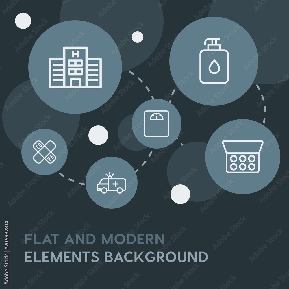 Poster health, beauty and cosmetics outline vector icons and elements background with circle bubbles networ
