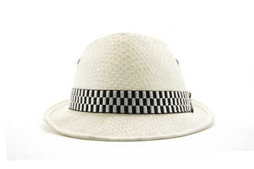 Vintage white pretty straw hat isolated on white background. front view.