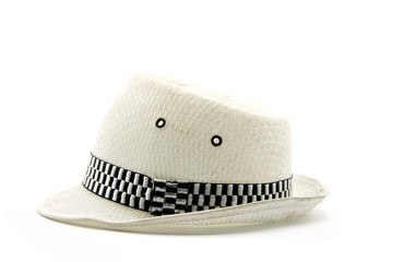 Vintage white pretty straw hat isolated on white background. Beside view.