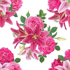 Behang Seamless pattern of pink roses with lily and leaves on white background. Vector set of blooming flower for advertising, packaging, holiday invitations, greeting card and fashion design. © mamsizz