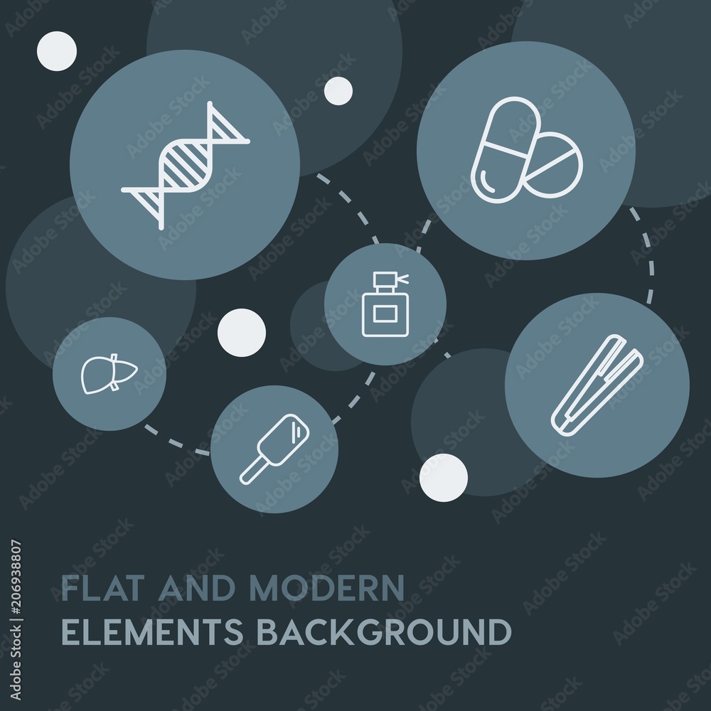 Poster health, beauty and cosmetics outline vector icons and elements background with circle bubbles networ