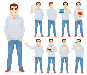 Man in casual outfit set with different gestures isolated