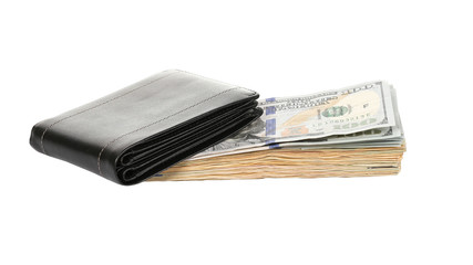 Black wallet with dollars isolated on white.