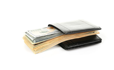 Black wallet with dollars isolated on white.