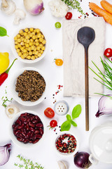 Colorful food ingredients on white background