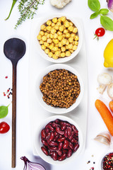 Colorful food ingredients on white background