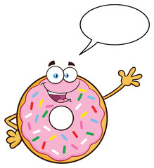 Donut Cartoon Mascot Character With Sprinkles Waving. Vector Illustration Isolated On White Background With Speech Bubble