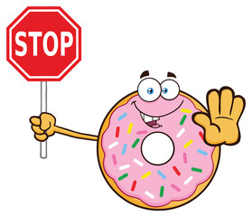 Donut Cartoon Mascot Character With Sprinkles Holding A Stop Sign. Vector Illustration Isolated On White Background