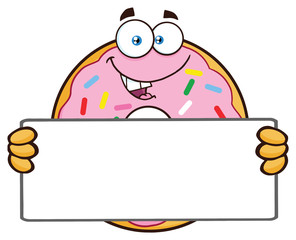 Donut Cartoon Mascot Character With Sprinkles Holding a Blank Sign. Vector Illustration Isolated On White Background