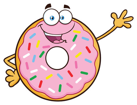 Donut Cartoon Mascot Character With Sprinkles Waving. Vector Illustration Isolated On White Background
