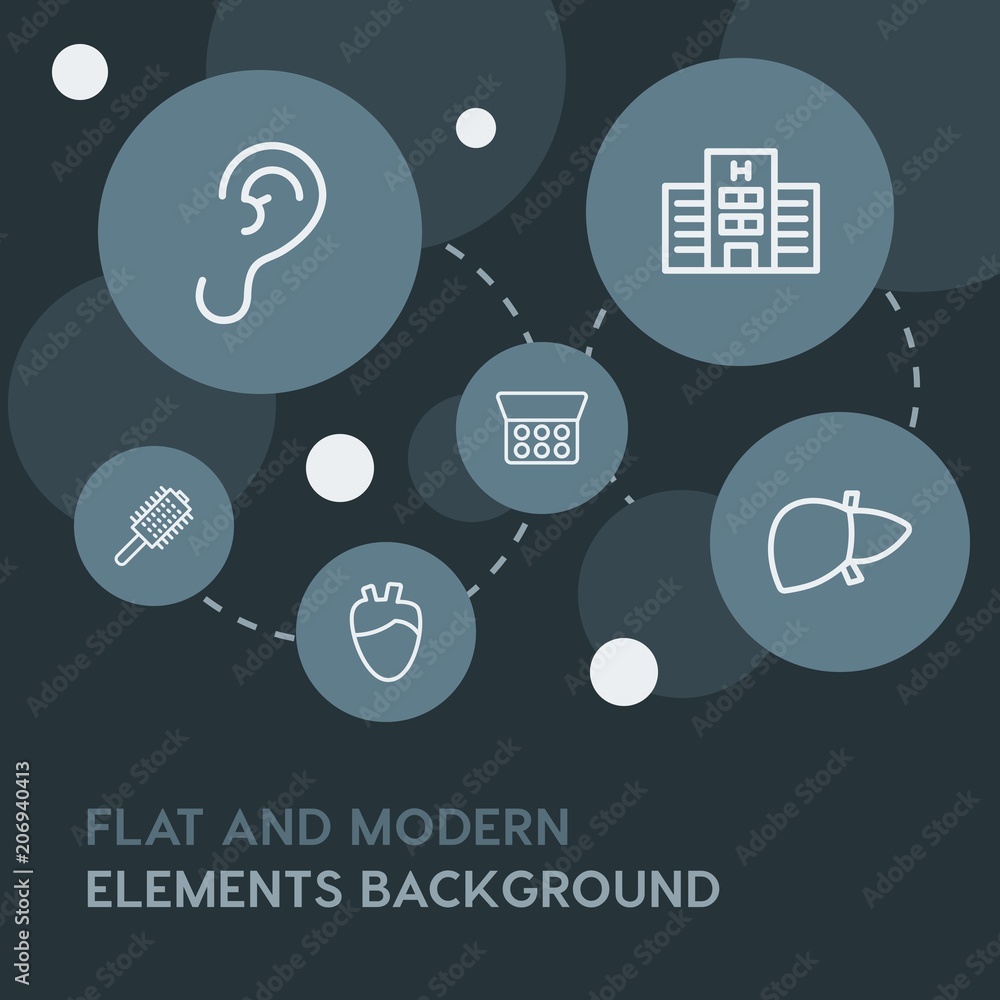Poster health, beauty and cosmetics outline vector icons and elements background with circle bubbles networ
