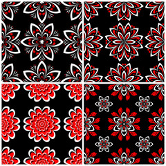Seamless backgrounds. Black white and red classic sets with floral patterns
