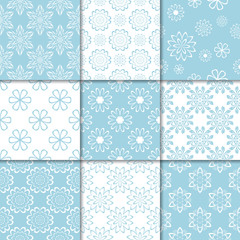 Blue and white floral ornaments. Collection of seamless patterns