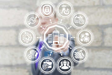 Building Construction Architecture. Build Business Industry concept. Businessman clicks a skyskraper icon surrounded by specific icons.