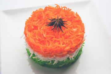 Tricolor Tiranga Rice for indian Republic and Independence day, served in a ceramic plate, selective focus